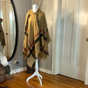 Tan and Red Asymmetrical Oversized Poncho Sweater